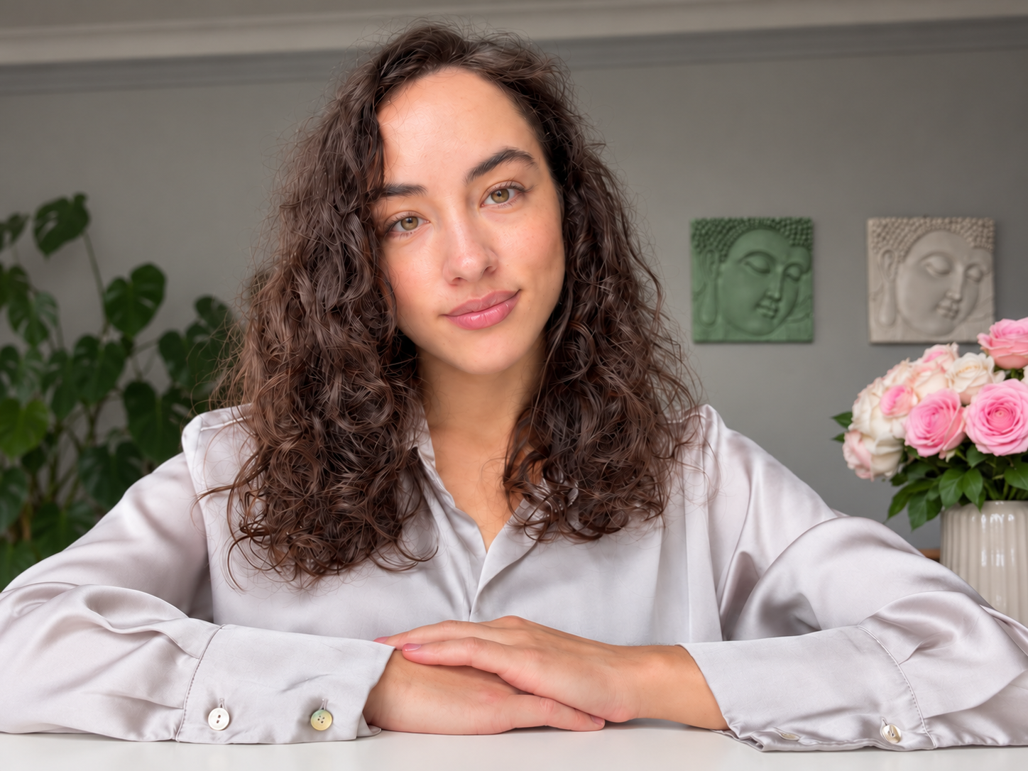 Arina at her table, with pink flowers and two Buddha pictures in the background